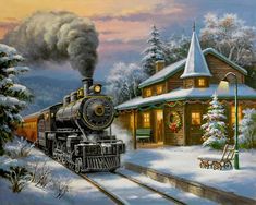 a painting of a train going down the tracks in front of a snowy cabin with christmas decorations