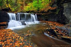 a waterfall with fall leaves on the ground and water running down it's sides