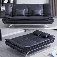 two pictures of a black leather couch and coffee table