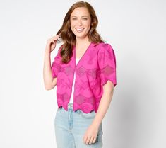 All laced up with somewhere to go? Yes! This LOGO Lavish crop jacket leads the way with sweetly scalloped details and lots of eyelet lace. Layer over a wedding guest dress or a simple tank-and-jeans combo. Because after all, there's always something to celebrate! From LOGO by Lori Goldstein®. Pink Lace Top With Lace Sleeves For Spring, Spring Scalloped Lace Top, Spring Lace Top With Scalloped Edges, Spring Lace Tops With Scalloped Edges, Pink Lace Trim Top For Spring, Fitted Lace Top With Scalloped Edges, Spring Wedding Lace Top With Lace Sleeves, Lace Collar Top For Spring Wedding, Spring Wedding Tops With Lace Trim