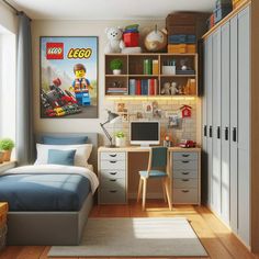 a bedroom with a lego poster on the wall next to a bed and desk in front of a window