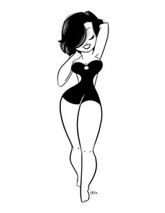 a drawing of a woman in a bathing suit with her hand on her head and one arm behind her head