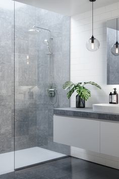 Clean lines and sharp angles bring a fresh new look to your bathroom, but switch things up with stylish globe lighting and indoor plants – real or fake Spa Shower, Kitchen Design Plans, Mixer Shower, Shower Cleaner, Shower Valve, Home Room Design, Shower Room, House Inspo, Bathroom Inspiration