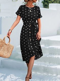 🚚FREE Shipping on orders over $80 ✨ use Code: "Mylook" for Extra Discount at checkout ﻿- 📏Sizing: run a little small 📏 Selling Points 1. Gender: Women's 2. Neckline: Crew Neck 3. Design: Print 4. Sleeve Length: Short Sleeve 5. Season: Summer Spring 6. Dress Length Type: Midi Dress Specifications Gender: Women's, Style: Mature, Streetwear, Modern, Fashion, Occasion: Weekend, Outdoor, Going out, Date, Dresses Type: Print Dress, Polka Dot Dress, Summer Dress, Neckline: Crew Neck, Fabric: Polyester, Design: Print, Lace up, Sleeve Length: Short Sleeve, Elasticity: Micro-elastic, Look After Me: Machine wash, Pattern: Polka Dot, Season: Summer, Spring, Dress Length Type: Midi Dress, Fit Type: Regular Fit, Trends: , Photos Size Chart Inches Centimeters Size Fit US Size Fit UK Size Fit EU Size B Casual Dress Summer, Outdoor Date, Polka Dress, Pink Summer, Fashion Streetwear, Button Dress, Flowy Skirt, Types Of Dresses, Dress Summer