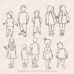 the silhouettes of children standing and sitting in different positions, all facing each other