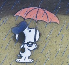 a snoopy dog holding an umbrella in the rain on a rainy day with it's head tilted to the ground