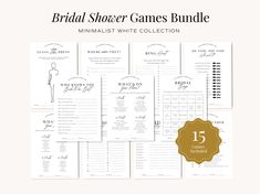 the bridal shower games bundle is shown in black and white with gold trimmings