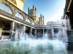 the inside of a building with steam coming out of it