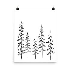 a black and white drawing of trees with snow on the tops, against a white background