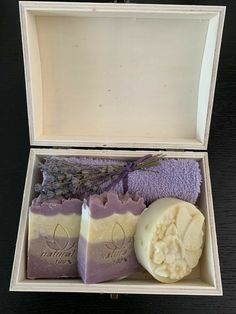 three soaps in a box with lavender on the top and lavender on the bottom