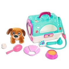 From Disney Junior Doc McStuffins, little doctors can help their furry friends feel their best with the On-the-Go Pet Carrier. Kids can use the four doctor?s accessories to take care of the plush Findo. This adorable role play set includes one pretend stethoscope, pet brush, otoscope, cone collar, paw cast, and a 2-in-1 water and food bowl! Store the accessories and Findo in the pet carrier for on-the-go play. This stylish plastic pet carrier features a translucent top and glitter accents. Ages Doc Mcstuffins Toys, Nurse Kit, Cone Collar, Pet Vet, Pet Brush, Doc Mcstuffins, Movie Character, Disney Junior, Food Bowl