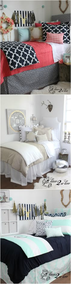 three different pictures of a bed with white sheets and blue, red, and black bedspreads