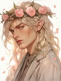 a drawing of a man with long blonde hair and flowers in his hair, wearing a flower crown