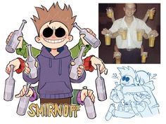 an image of a cartoon character holding bottles and glasses with the caption smirnot