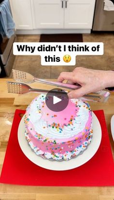 someone is cutting into a cake with a knife and fork on top of it that says, why didn't i think of this?