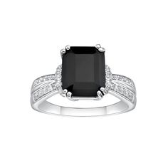 This classic and chic onyx ring features white topaz accents, and is sure to make a statement.Click on this JEWELRY & WATCHES GUIDE to learn about fit, styles, materials and more! Width: 10mm Metal: sterling silver Plating: rhodium Finish: polished Packaging: boxed Nickel freeSTONE DETAILS Stone type: onyx, white topaz Total weight: 2 ct. Center stone weight: 2 ct. Center stone size: 10mm x 8mm Setting: prong Shape: emerald cut, round Gemstones may have been treated to enhance their appearance. Elegant Black Rings With Gemstone Accents, Formal Black Rings With Gemstone Accents, Classic Diamond Ring With Gemstone Accents, Classic Jewelry With Gemstone Accents For Evening, Classic Evening Jewelry With Gemstone Accents, Onyx Ring, Topaz Ring, White Topaz, Emerald Cut