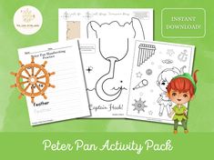 the peter pan activity pack is shown with an image of peter pan and his ship wheel