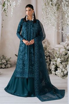 Mirela | Luxury Lawn  24 Unstitched  Suits 3 Piece Deniz- Collection |  Latest Pakistani Punjabi Suits Salwar Kameez Designer wear Mehndi Outfits, Lawn Design, Organza Sleeves, Chiffon Collection, Embroidered Sleeves, Luxury Wear, Embroidered Dupatta, Modest Wear, Lawn Suits