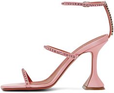 Satin heeled sandals in pink. Crystal-cut detailing throughout. · Open square toe · Partially elasticized leather straps at vamp · Adjustable pin-buckle ankle strap · Logo-embossed leather footbed · Modified stiletto heel with rubber injection · Leather sole with rubber injection · Heel: H3.5 in Supplier color: Baby pink Glamorous Pink Leather Sandals, Designer Pink Heels With Square Toe, Designer Pink Square Toe Heels, Elegant Pink Sandals With Buckle Closure, Glamorous Leather Sandals With Square Toe, Pink Sandals With Sculpted Heel For Cocktail, Glamorous Leather Square Toe Sandals, Pink Heeled Strap Sandals For Evening, Pink Single Toe Strap Heels For Evening