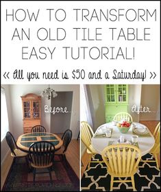 a collage of photos with text describing how to transform an old table into a dining room table