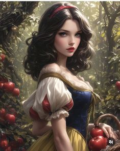 a painting of snow white with apples in her hand and an apple basket on the ground