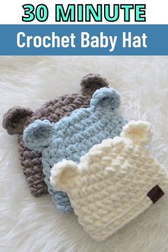 two crocheted hats with the text free baby hat pattern take just 30 minutes