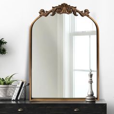 a mirror sitting on top of a dresser next to a potted plant