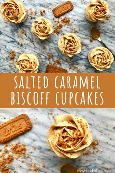 salted caramel biscoff cupcakes on a marble surface