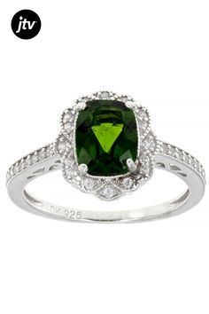 1.25ct rectangular cushion chrome diopside and .25ctw round white zircon rhodium over sterling silver ring. Measures approximately 1/2"L X 1/16"W. Not sizeable. Accent stones primarily zircon Rectangular Cushion, Green Chrome, Sterling Silver Ring, Silver Ring, Sterling Silver Rings, Silver Rings, Sterling Silver, Ring, Stone