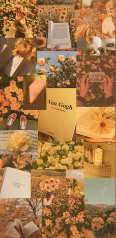 a collage of images with flowers and books on them, including an open book