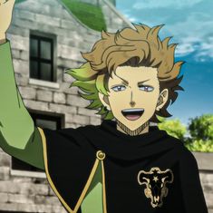 an anime character with blonde hair and blue eyes wearing a black outfit holding his hand up