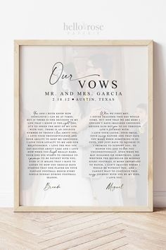 a wooden frame with the words our vows and an image of two people kissing in front of