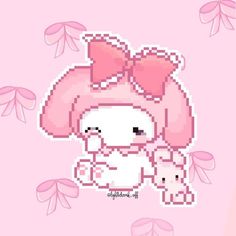 an image of a pixelated animal with pink hair and bows on it's head