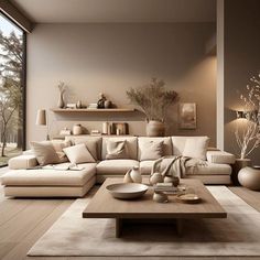 a living room filled with furniture and a large window covered in lots of natural light