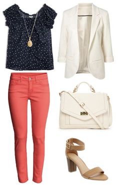 Putting Me Together: Mix and Match: Navy Polka Dot Top and Yellow Skirt Fashion Design Inspiration, Coral Pants, Yellow Skirt, Skirt Maxi, Outfit Jeans, Pink Pants