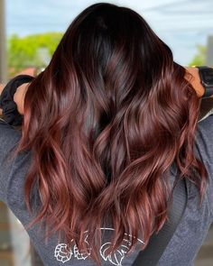 Ginger Balayage Straight Hair, Ombre Hair Color On Black Hair, Dark Red Brown Balayage, Black Auburn Balayage, Copper Red Balayage On Black Hair, Auburn Balayage On Brown Hair, Dark Brown Auburn Hair Balayage, Dark Brown And Auburn Hair, Brown To Auburn Ombre