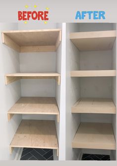 before and after photos of shelving shelves in a closet, with the bottom shelf removed