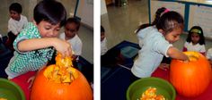 two pictures of children carving pumpkins with scissors