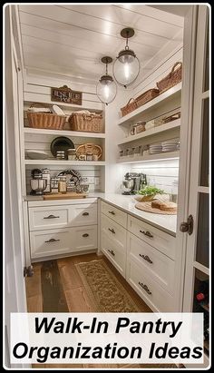 a walk in pantry with white cabinets and baskets