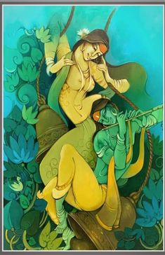 a painting of a woman and two dinosaurs in the water with leaves around her head