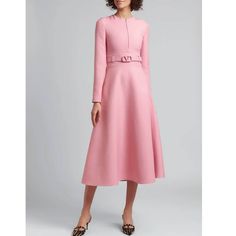 Valentino Wool Crepe Pink Monogram Belt A-Line Long Sleeve Midi Dress Details * Authentic * Size: 48 * Fully Lined * Round Neckline * Zip Placket With Charm Pull * Long Sleeve * Seamed Waist * A-Line Skirt * Concealed Side Zip * Side Seam Pockets * Removable & Adjustable Logo Belt * Midi Length * Care: Dry Clean Fabric * Outer: 65% Virgin Wool & 35% Silk * Lining: 91% Viscose & 9% Elastane Approx. Measurements * Across The Underarms: 21" * Across The Waist: 18.5" * Length Down The Center Back: 4 Fashion Designer Dresses, Maxi Frocks, Valentino Dresses, Dress 2022, Valentino Dress, Fashion Design Dress, Belted Midi Dress, Daytime Dresses, Frock Design