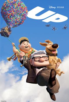 the poster for up features two characters flying in the sky with balloons and dogs on their shoulders