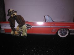 a painting of a man sitting on top of a red car with a hat and sunglasses