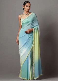 Ombre Saree Color Combos, Ombre Outfits, Colourful Saree, Crystal Blouse, Modern Sari, Saree Casual, Ombre Saree, Saree Inspiration, Blue Sari