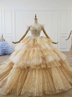 Princess Dresses Kids Ball Gowns, Gold Ball Gown, Princess Dresses Kids, Beading Wedding Dress, Beading Dress, Attractive Dresses, Wedding Dress Cap Sleeves, Wedding Dress Champagne