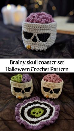 three crocheted skull coasters are shown with the text, brainy skull coaster set halloween crochet pattern