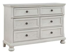 a white dresser with six drawers and two doors