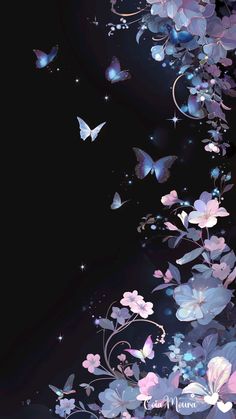 butterflies and flowers on a black background