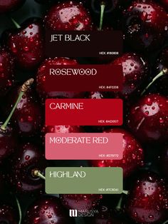 some red berries with water droplets on them and the words rosewood, carmine, moderate red