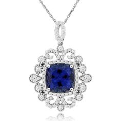 Royal 14K White Gold Pendant with 2.40 Carat Cushion Cut Tanzanite and 0.57 Carat Diamond Halo Luxury Cushion Cut Necklaces With Prong Setting, Classic Cushion Cut Brilliant Gemstones, Elegant Diamond Gemstones For Anniversary, Elegant Gemstones With Diamond Accents For Wedding, Elegant Gemstones With Diamond Accents For Anniversary, Elegant Wedding Gemstones With Diamond Accents, Luxury Cushion Cut Gemstones With Prong Setting, Elegant Diamond Cut Gemstones For Formal Events, Elegant Diamond Cut Gemstones For Formal Occasions